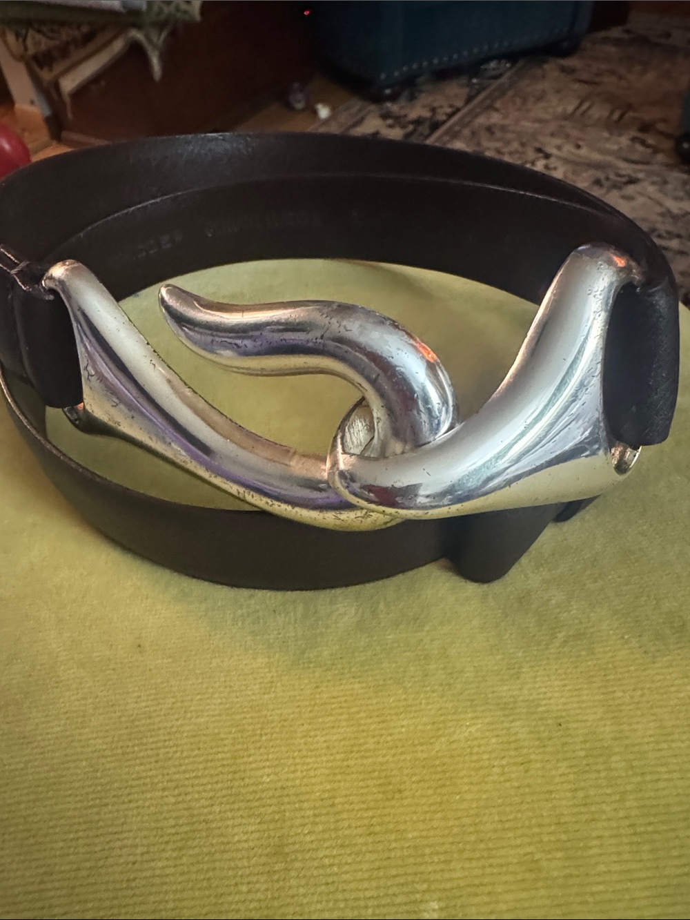 Chico's Black Leather Belt with Sculptural Silver-Tone Buckle